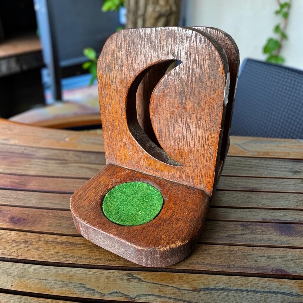 Vintage Wood Bookend Organizer with Crescent Cutouts & Green Felt Coasters
